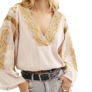 Free People Cross Country Blouse Womens Small Beige Yellow Festival Bell Sleeves